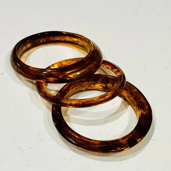 Vintage Tortoiseshell Lucite Bangle Trio | Bold Marbled Stacking Set | 1990s - Picture 8 of 16
